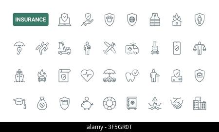 Insurance protection symbols covering health, travel, property, life, accident and liability services for safety planning and financial risk support black line icons set vector illustration Stock Vector
