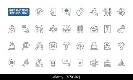 Information technology symbols for cloud services, cybersecurity, coding, networking, automation and digital communication workflows black line icons set vector illustration Stock Vector