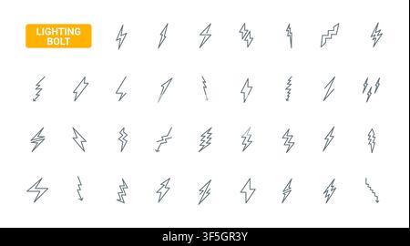 Assorted lightning bolt symbols express electricity, thunderstorm power, warning energy and fast electric charge concepts for branding and signage black line icons set vector illustration Stock Vector