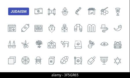 Jewish faith symbols and ceremonial objects representing worship, scripture, holidays and sacred tradition across Judaism black line icons set vector illustration Stock Vector