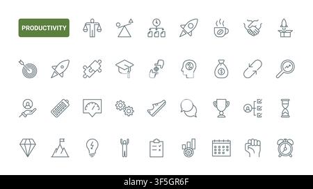 Business productivity symbols showing goals, growth, planning, teamwork, achievement and time management for efficient work and personal success black line icons set vector illustration Stock Vector