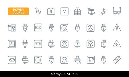 International power socket and plug types for electrical standards, travel adapters, charging systems and household connection references red black line icons set vector illustration Stock Vector