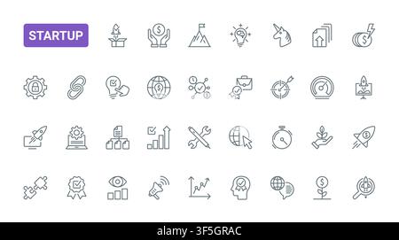 Startup business symbols for innovation, funding, launch strategy, analytics, teamwork, security and digital growth across entrepreneurial workflows black line icons set vector illustration Stock Vector