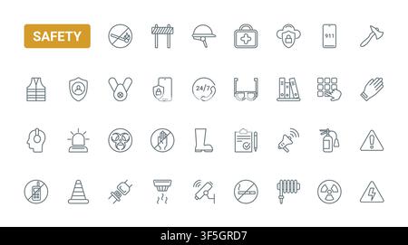 Workplace safety and emergency protection symbols covering hazard alerts, protective gear, first aid, surveillance and rescue communication red black line icons set vector illustration Stock Vector