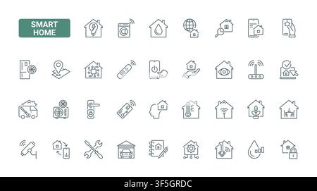 Smart home automation symbols showing connected security, climate, lighting, energy, appliance control, remote monitoring for intelligent residential systems black line icons set vector illustration Stock Vector