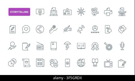 Storytelling symbols for media production, writing, publishing and audience engagement across digital communication, education and creative branding black line icons set vector illustration Stock Vector