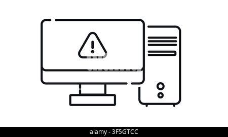 Desktop computer tower and monitor with exclamation mark warning triangle vector icon. Stock Vector