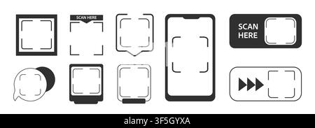 QR Scanning frames, codes stickers and scan me phone tag inscription. Phone arrow, borders. QR code mockup, layout. Qr code for payment, e-wallet, web, mobile app. UI UX design elements Vector illustration Stock Vector
