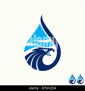 Modern eagle drop ocean wave logo design template featuring blue falcon head and water droplet for security, maritime, or environment identity aqua. Stock Vector