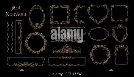 Golden ornamental frames glow softly against black Stock Vector