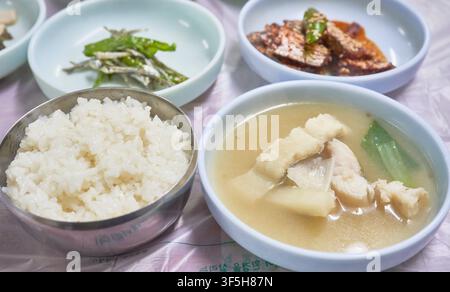 Bangeonjo jangeotang, a Korean semi-dried eel soup with vegetables, simmering in a metal pot, known as a nutritious stamina food. Stock Photo