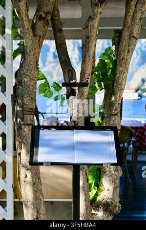 An open blank menu holder on a stand positioned between tree trunks in an outdoor restaurant, offering a scenic view of the blue sea and mountains in the background. Stock Photo