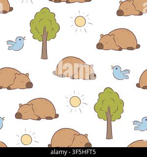 Vector seamless pattern sleeping capybaras and forest nature Stock Vector