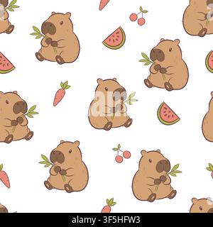 Vector seamless pattern capybaras and summer fruits Stock Vector
