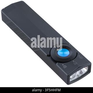 Rectangle shaped metal LED flashlight with a rechargeable bettery and three types of light output isolated on a white background. Stock Photo