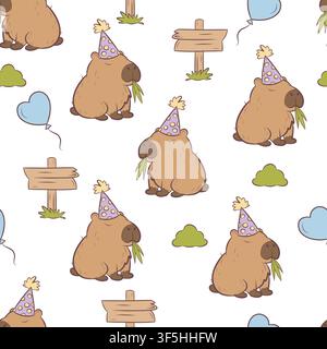 Vector seamless pattern birthday capybaras and party decorations Stock Vector