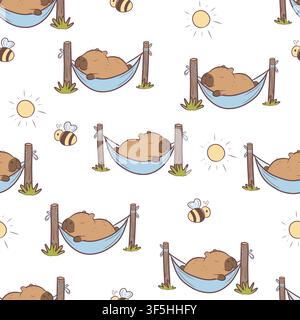 Vector seamless pattern sleeping capybaras in hammocks Stock Vector