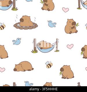 Vector seamless pattern cute capybara daily life Stock Vector