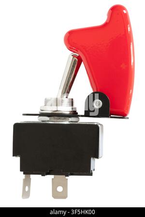 Red shield open on a heavy-duty toggle switch that is activated to let electricity flow isolated on a white background. Stock Photo