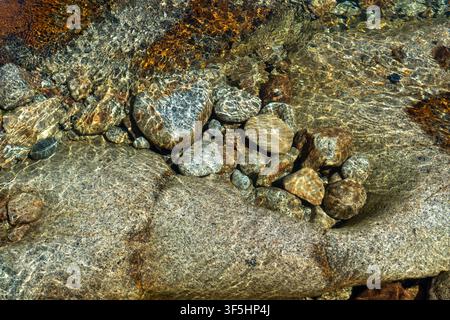 Clear water flows over smooth stones in a river. The sunlight reflects off the rocks below. This scene shows nature in a calm setting, perfect for rel Stock Photo