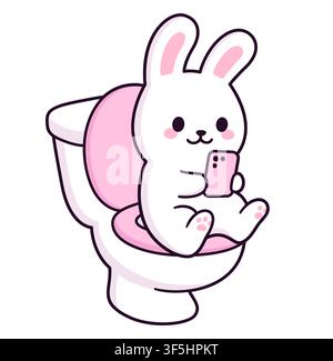 Cute cartoon bunny character sitting on toilet with phone. Scrolling while pooping. Funny vector clip art illustration. Stock Vector