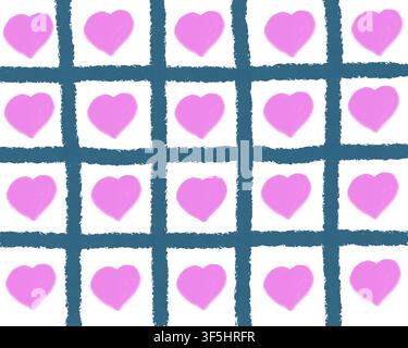 A hand-drawn grid pattern of torn-paper white squares, each filled with a pink heart, separated by teal brush-textured border lines. Stock Photo