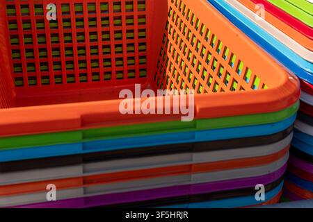 Macro shot of empty plastic baskets with a square grid pattern used for harvesting or retail Stock Photo