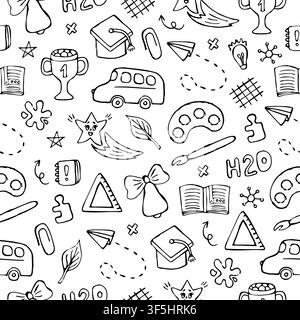 Back to school black line hand drawn doodle seamless pattern. Whimsical kawaii vector doodles, graduation cap, paper plane, prize, ruler, notes, schoo Stock Vector