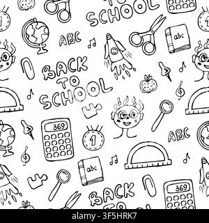 Cute back to school black line hand drawn seamless pattern with vector doodles. Whimsical characters, lettering, globe, ruler, notes, etc. Endless bac Stock Vector