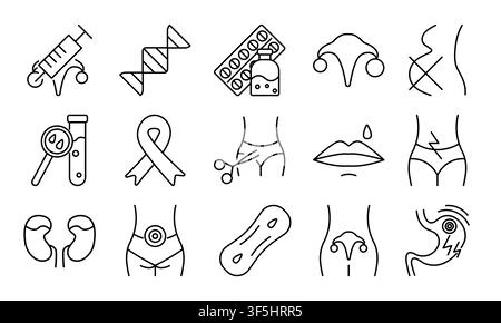Ovarian cancer black line icon set, editable stroke vector outline signs. Symptoms, diagnostics, treatment and consequences. Monochrome isolated linea Stock Vector