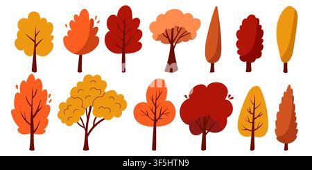 Collection of colorful stylized autumn trees with red, orange and yellow foliage isolated on a clean white background. Perfect for seasonal illustrati Stock Vector