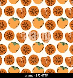 Colorful seamless pattern featuring whole and sliced orange persimmons with green leaves in a cute hand-drawn flat style. Perfect for textiles, wallpa Stock Vector
