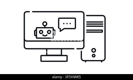 Desktop computer tower and monitor with smiling chatbot and speech bubble vector icon. Black line art style on white background. Artificial intelligen Stock Vector