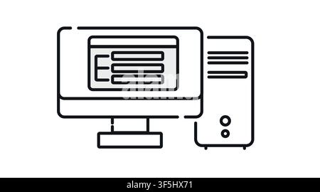 Desktop computer tower and monitor with website layout design on screen vector icon. Black line art style on white background. Stock Vector