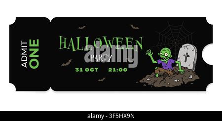 Halloween party ticket template with zombie, tombstone and spider web. Editable admit one event pass in flat vector style on black background. Stock Vector