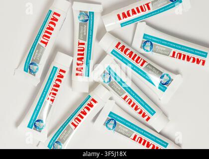 Lacalut toothpaste tubes, top view on white Stock Photo