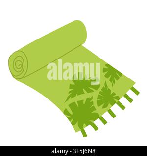 Vector illustration of a rolled green yoga mat or beach towel with fringe and tropical monstera leaf print. Summer wellness and resort accessory. Stock Vector