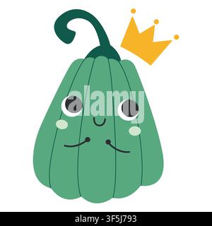Cute green pumpkin princess character with yellow crown isolated on white background. Kawaii autumn vegetable vector illustration for Halloween or Tha Stock Vector