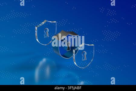 3D glass technology icons showing shield and keyhole symbols on a blue abstract background, representing cybersecurity, privacy protection, secure acc Stock Photo