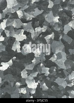 Close-up abstract grayscale metal surface with irregular crystalline grains, contrasting tonal patches and fine etched texture, ideal for industrial b Stock Photo