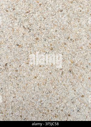 Full-frame overhead view of light beige crushed stone gravel, creating a natural rough texture background with small irregular rock fragments and subt Stock Photo