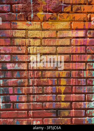 Close-up texture of a weathered red brick wall covered with colorful paint drips, splashes, and faded graffiti marks, creating an abstract urban backg Stock Photo