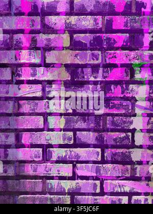Abstract close-up of a weathered brick wall covered with layered purple, pink, and green graffiti paint, creating a vivid urban texture background. Stock Photo