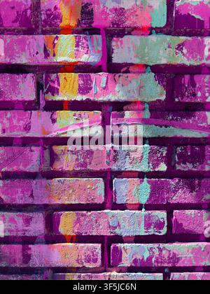 Close-up of an aged brick wall covered in layered pink, purple, turquoise, yellow and orange paint, creating a vibrant abstract urban background with Stock Photo