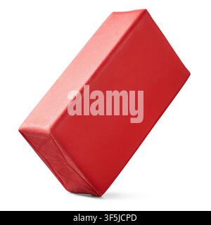 red rectangular rubber eraser isolated white background, blank stationery supply and school equipment, side view in macro close-up Stock Photo