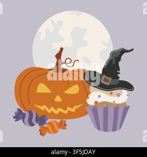Hand-drawn Halloween card with pumpkin Jack-o-lantern, witch hat and scary cupcake and trick-or-treat sweets for seasonal decor Stock Vector