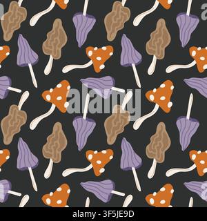 Hand-drawn Halloween seamless pattern with magic poisonous mushrooms, toadstool, fly agaric and morel for packaging, fabric Stock Vector