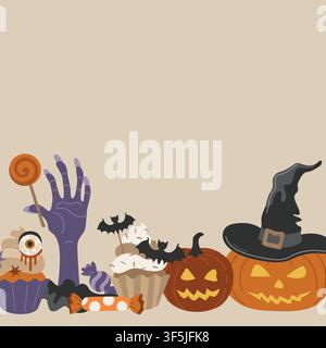 Hand-drawn Halloween card or banner template, pumpkin Jack-o-lantern, trick or treat sweets and spooky cupcakes for seasonal party Stock Vector