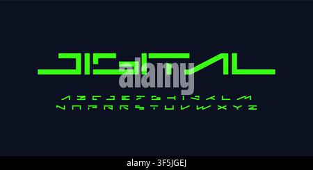 Wide Futuristic Font Sci-Fi Future Logo Cutout Alphabet Geometric Letters. Gaming Typography, Cyberpunk Typographic Design for Robotic Game Tech Stock Vector