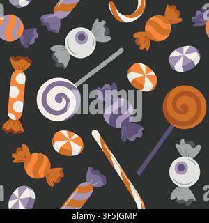 Halloween seamless pattern with trick-or-treat candies, sweets, candy cane and lollipop for textile, background, packaging Stock Vector
